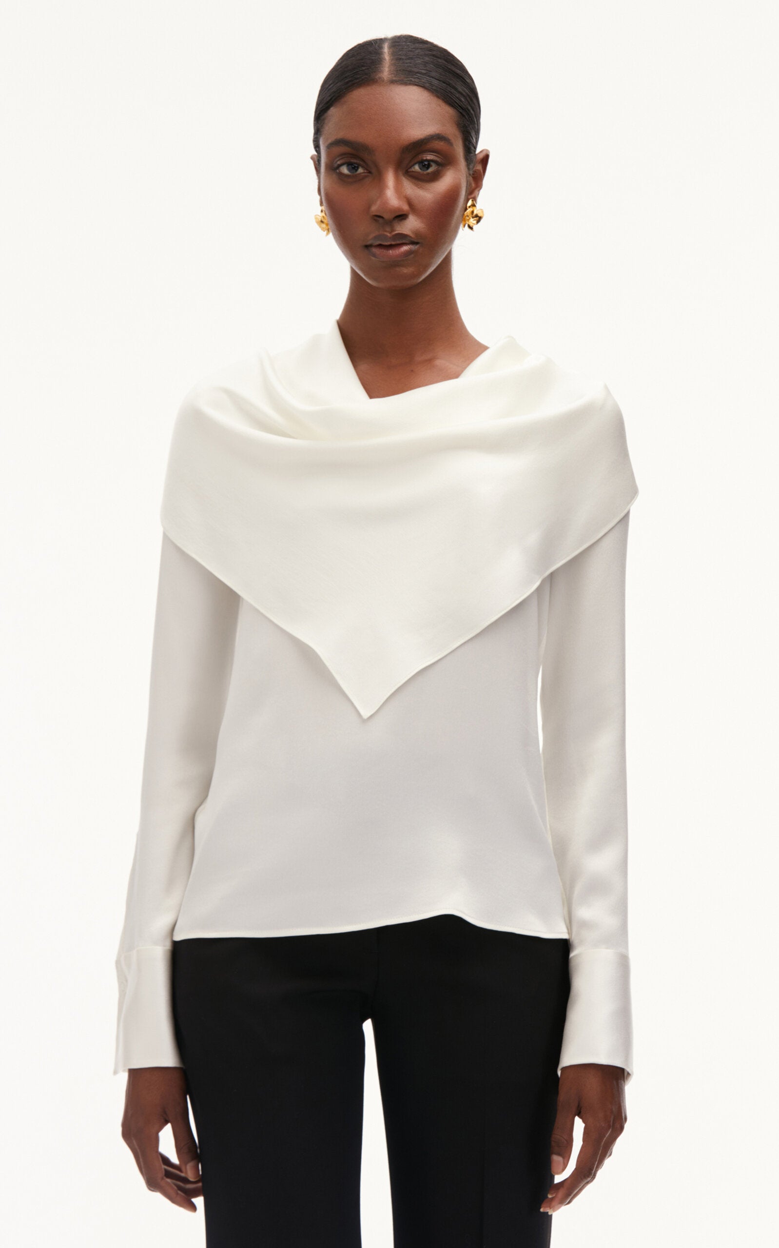 Oscar de la Renta Long Sleeve Jewel Button Detail Silk Satin Blouse
