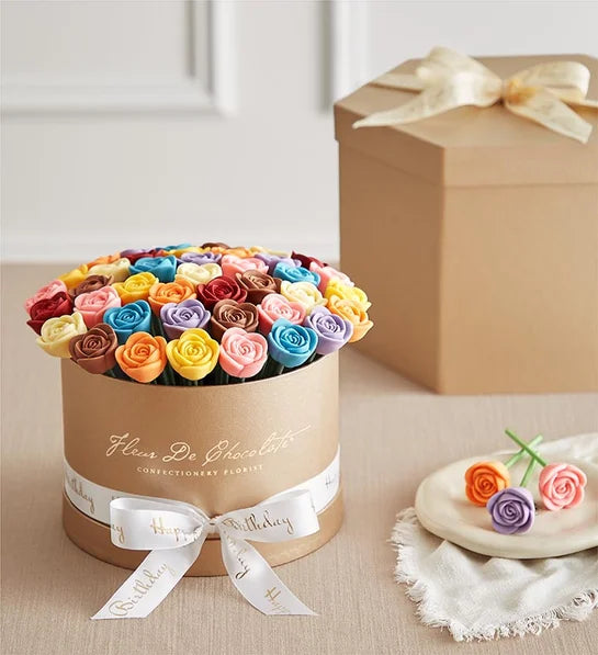 Roses en chocolat belge – Vœux d'anniversaire 