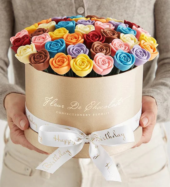 Roses en chocolat belge – Vœux d'anniversaire 