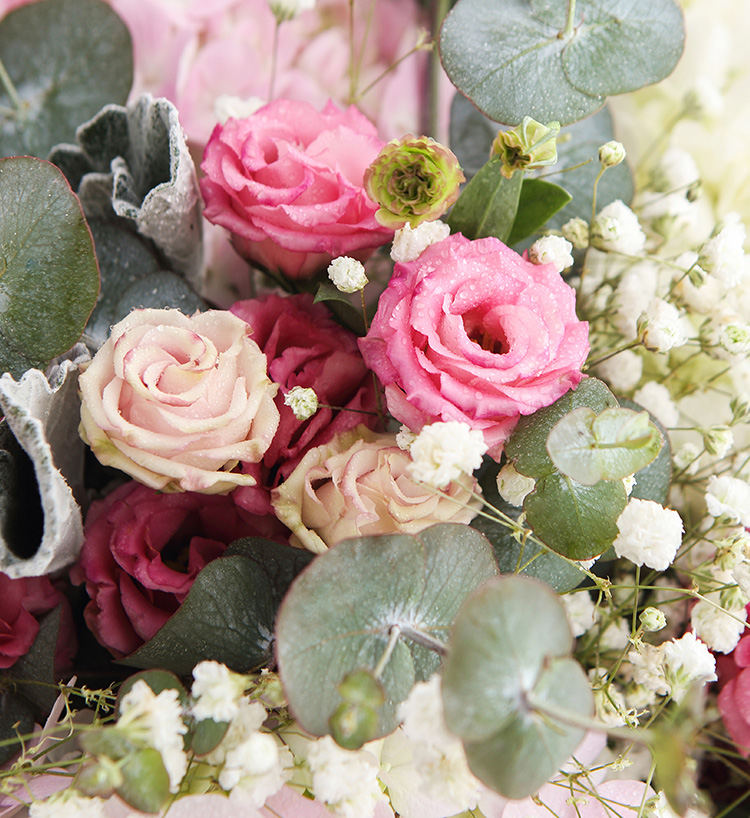 Bouquet Câlin d'Ours &amp; Protège-Toi/3 hortensias, 2 hortensias, 3 gypsophiles, 5 cinéraires, 10 feuilles d'eucalyptus (pendentifs en argent)