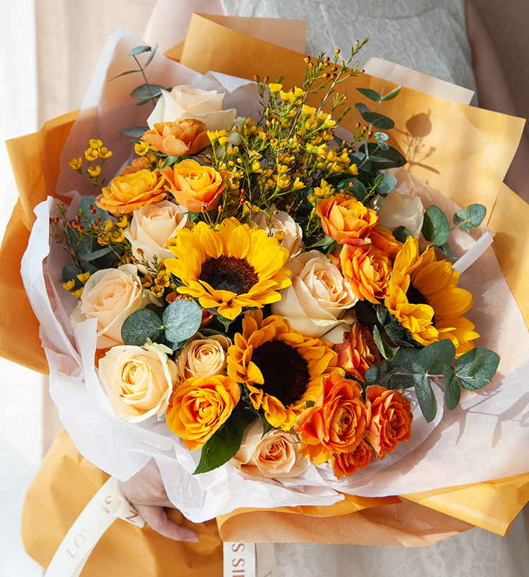Jusqu'au soleil/3 tournesols, 9 roses champagne