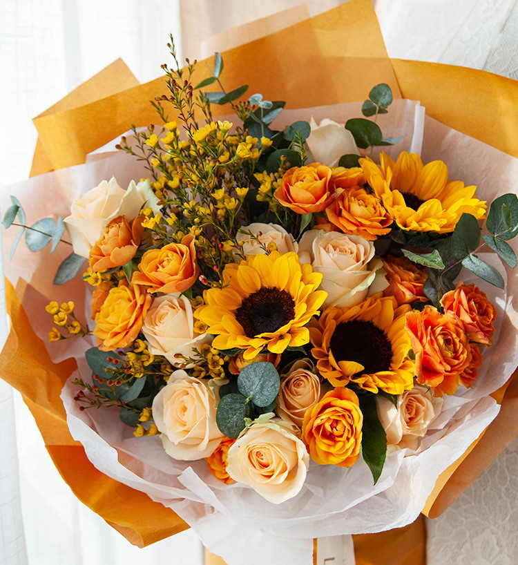 Jusqu'au soleil/3 tournesols, 9 roses champagne