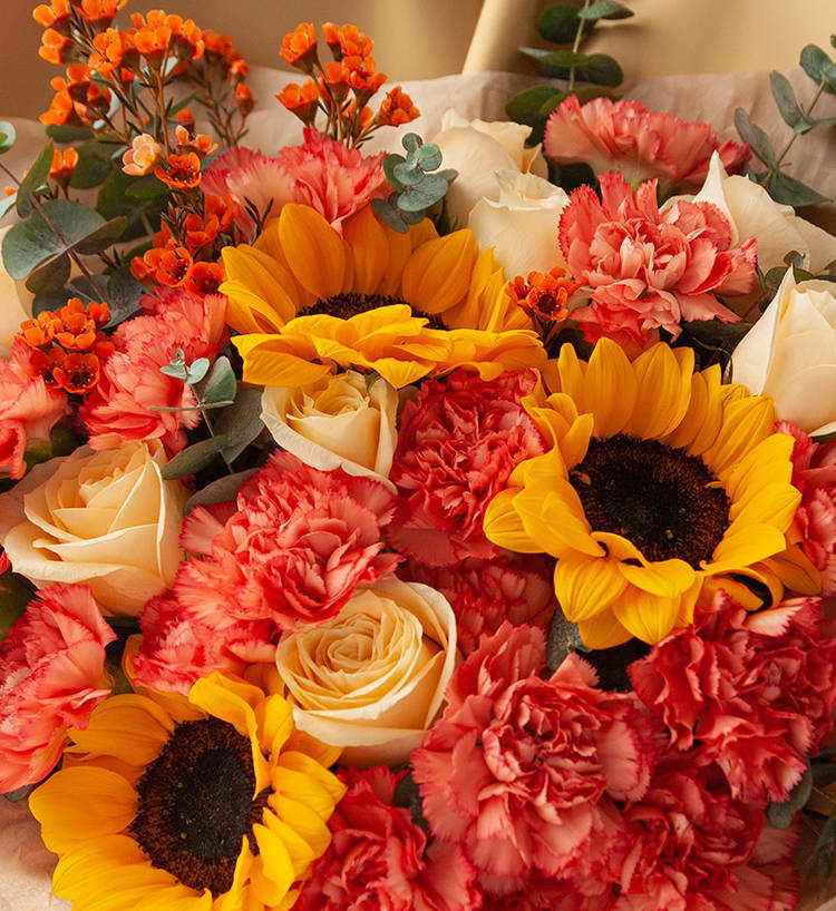 En pleine croissance / 3 tournesols, 19 œillets, 11 roses, 2 orchidées d'hiver
