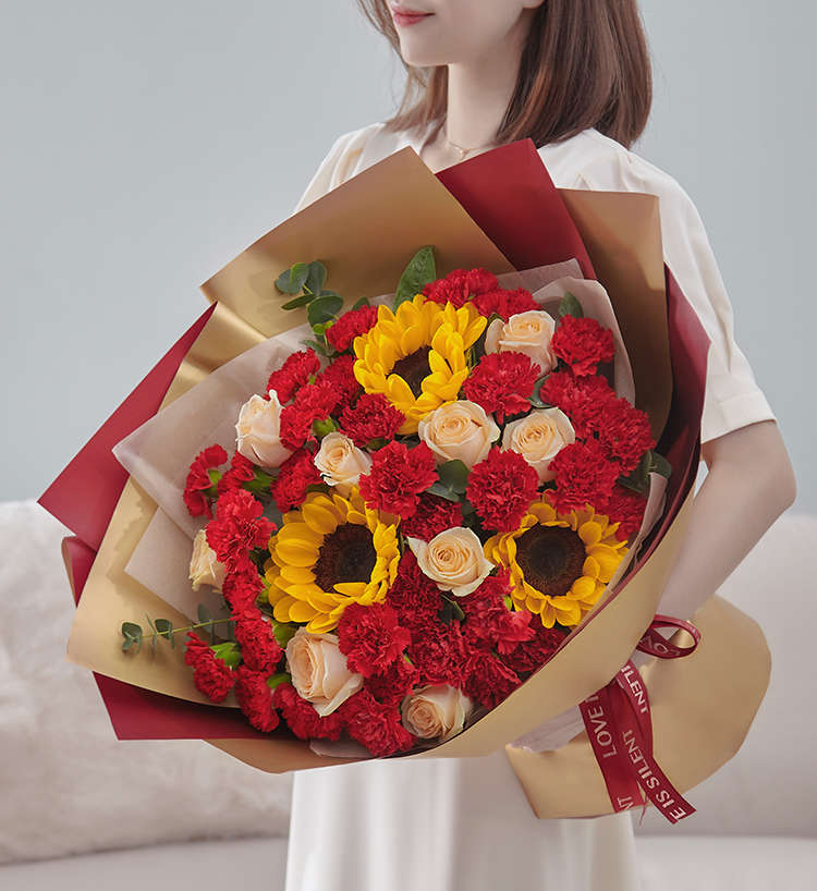 Sincères bénédictions/33 œillets, 9 roses, 3 tournesols