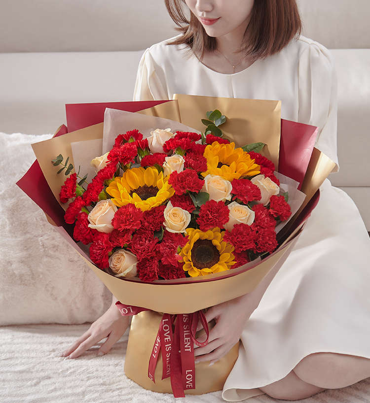 Sincères bénédictions/33 œillets, 9 roses, 3 tournesols