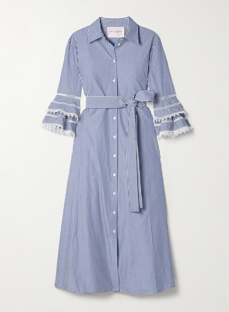 CAROLINA HERRERA Robe chemise midi en popeline de coton rayée avec ceinture et bordure en dentelle