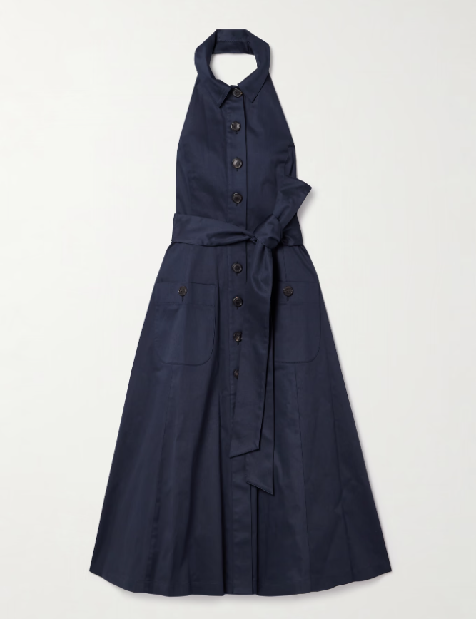 CAROLINA HERRERA Robe chemise midi ceinturée en satin de coton mélangé à col licou