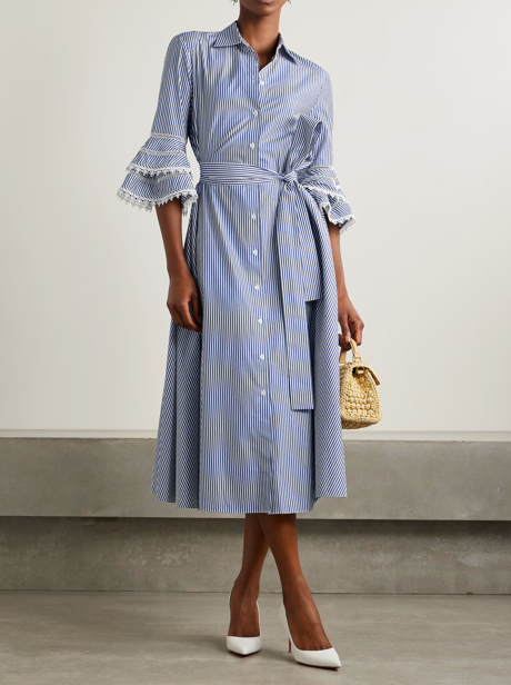 CAROLINA HERRERA Robe chemise midi en popeline de coton rayée avec ceinture et bordure en dentelle