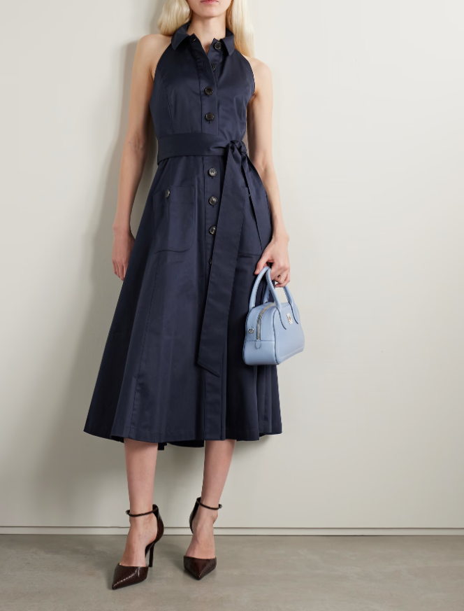 CAROLINA HERRERA Robe chemise midi ceinturée en satin de coton mélangé à col licou