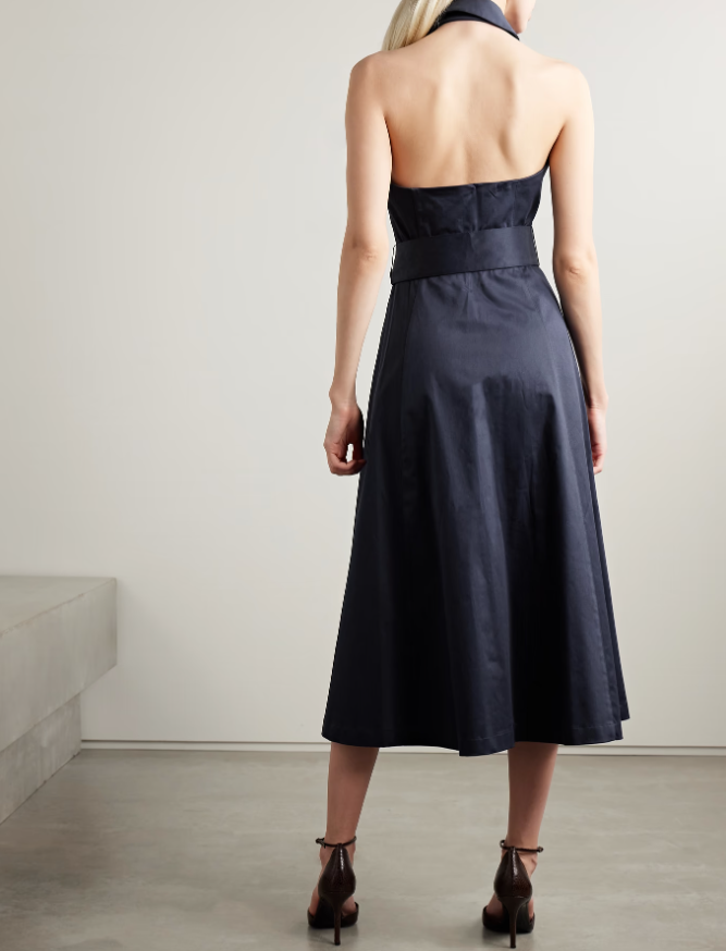 CAROLINA HERRERA Robe chemise midi ceinturée en satin de coton mélangé à col licou