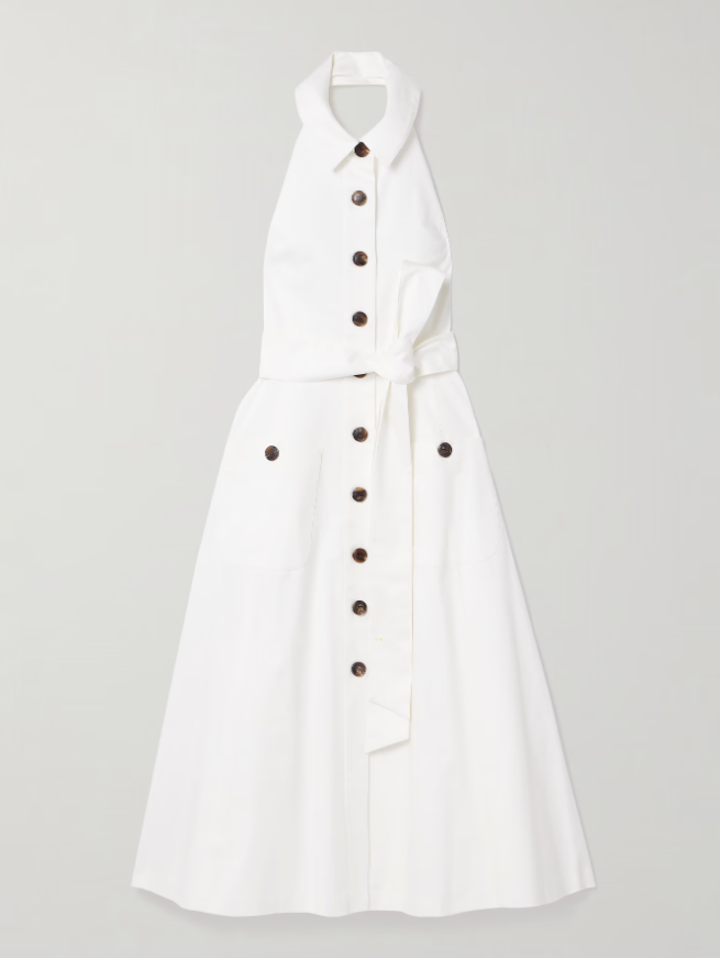 CAROLINA HERRERA Robe chemise midi ceinturée en satin de coton mélangé à col licou