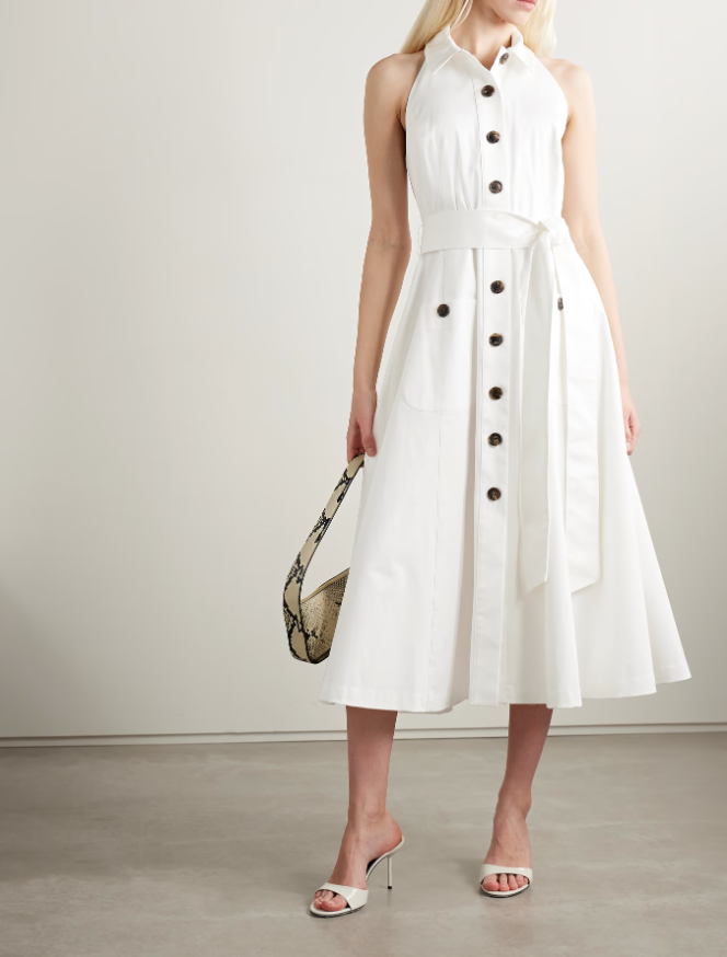 CAROLINA HERRERA Robe chemise midi ceinturée en satin de coton mélangé à col licou