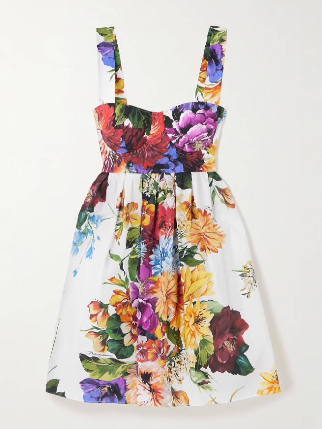 DOLCE&amp;GABBANA Shirred floral-print cotton-poplin bustier mini dress