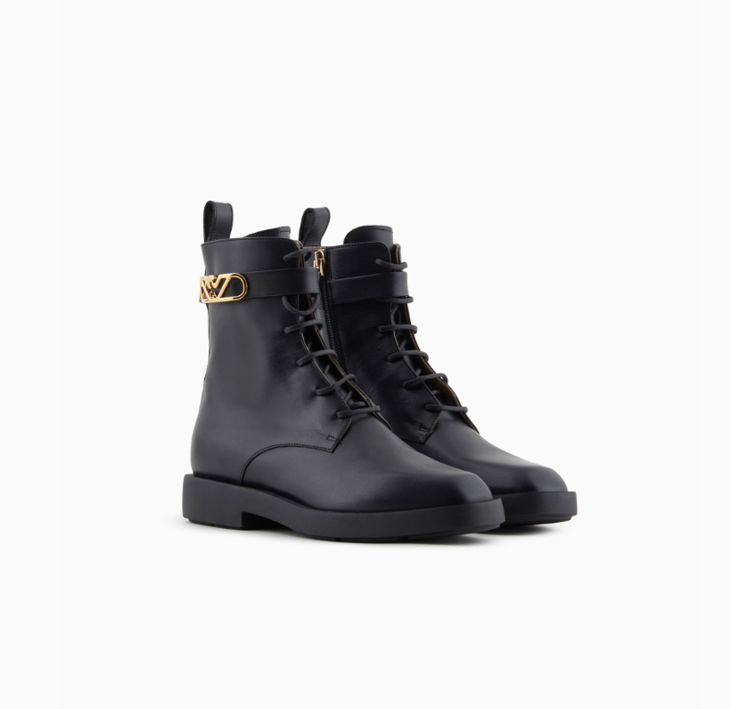 ARMANI Leather lace-up ankle boots with Icon logo strap