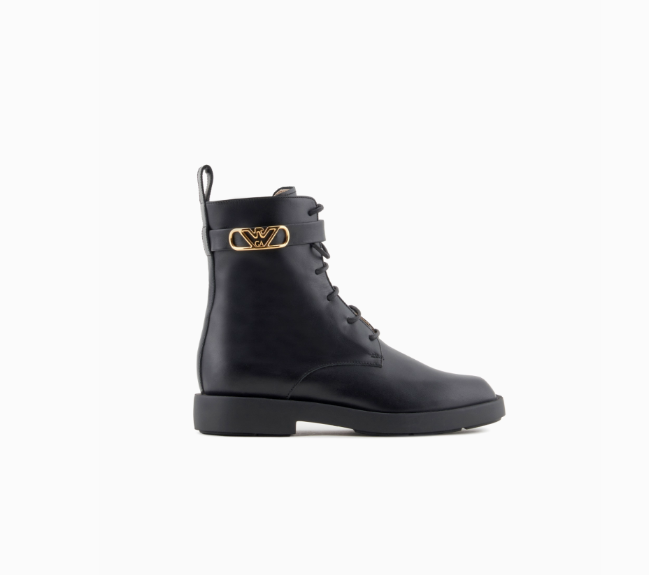 ARMANI Leather lace-up ankle boots with Icon logo strap