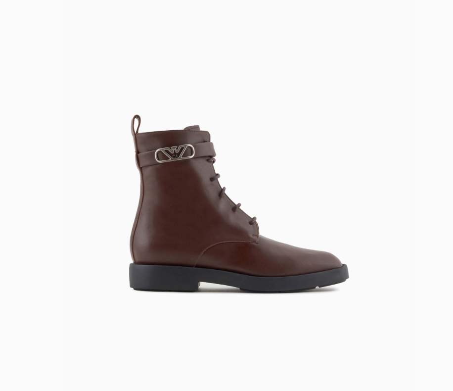 ARMANI Leather lace-up ankle boots with Icon logo strap