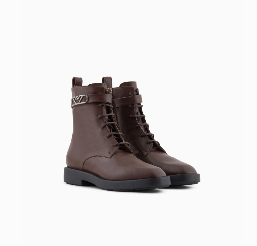 ARMANI Leather lace-up ankle boots with Icon logo strap