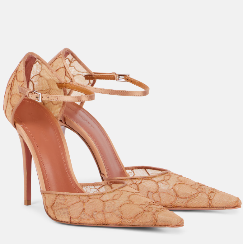 Amina Muaddi Barbara 105 satin-trimmed lace pumps