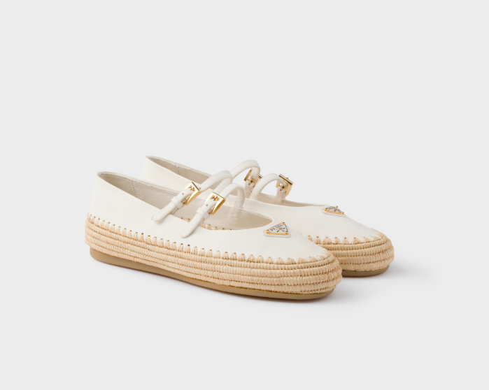 PRADA leather and raffia ballerinas