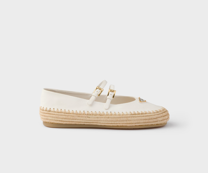 PRADA leather and raffia ballerinas