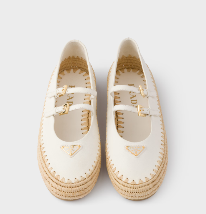 PRADA leather and raffia ballerinas