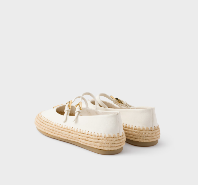 PRADA leather and raffia ballerinas