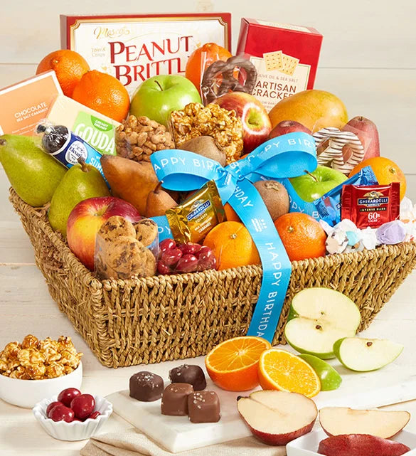 Panier-cadeau de fruits et de bonbons « Joyeux anniversaire » 