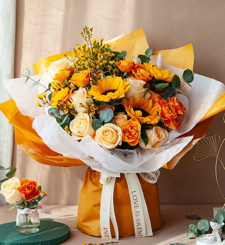 Jusqu'au soleil/3 tournesols, 9 roses champagne