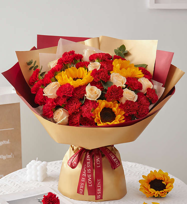 Sincères bénédictions/33 œillets, 9 roses, 3 tournesols