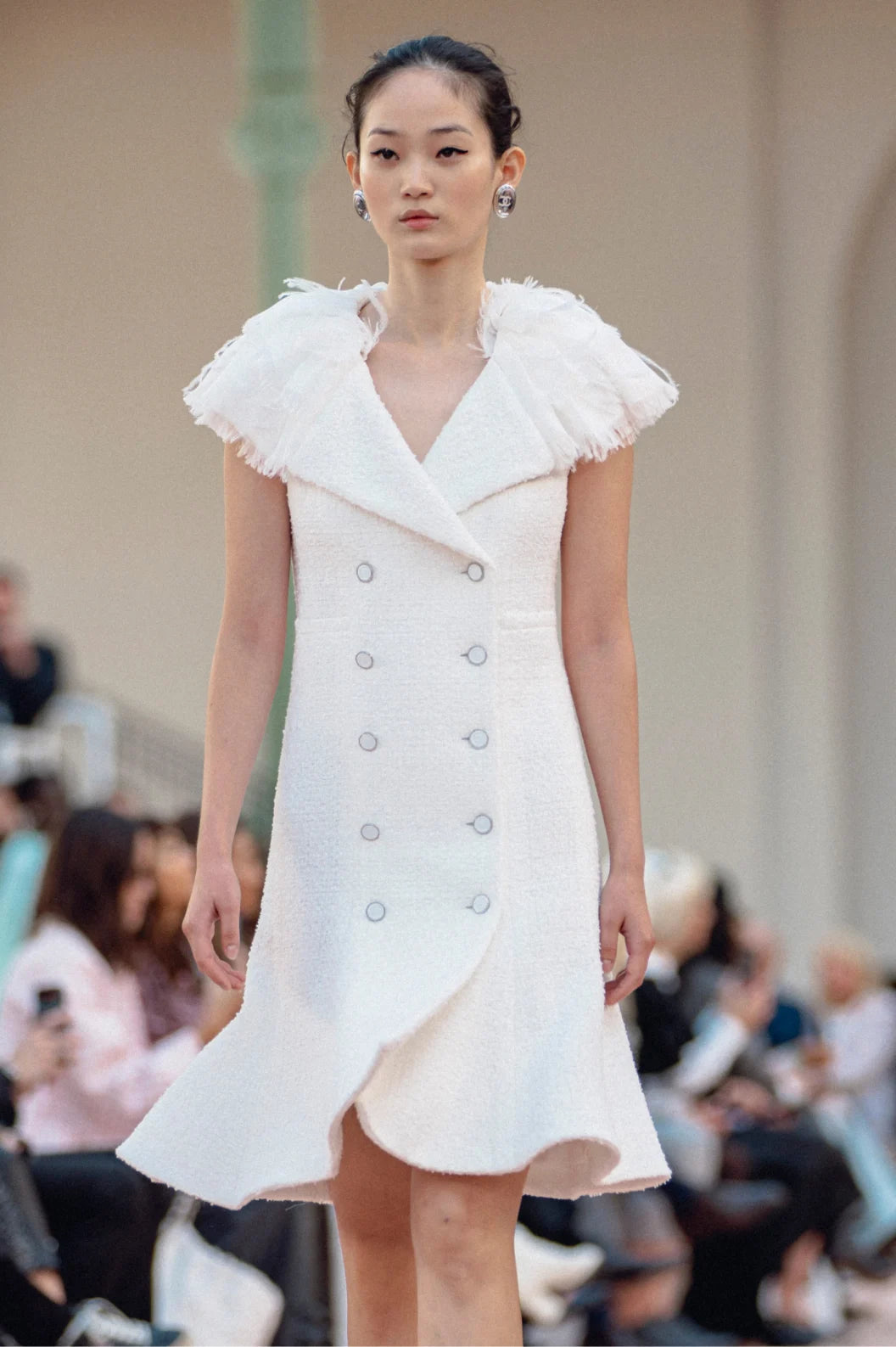 CHANEL Silk White Cotton Tweed Dress