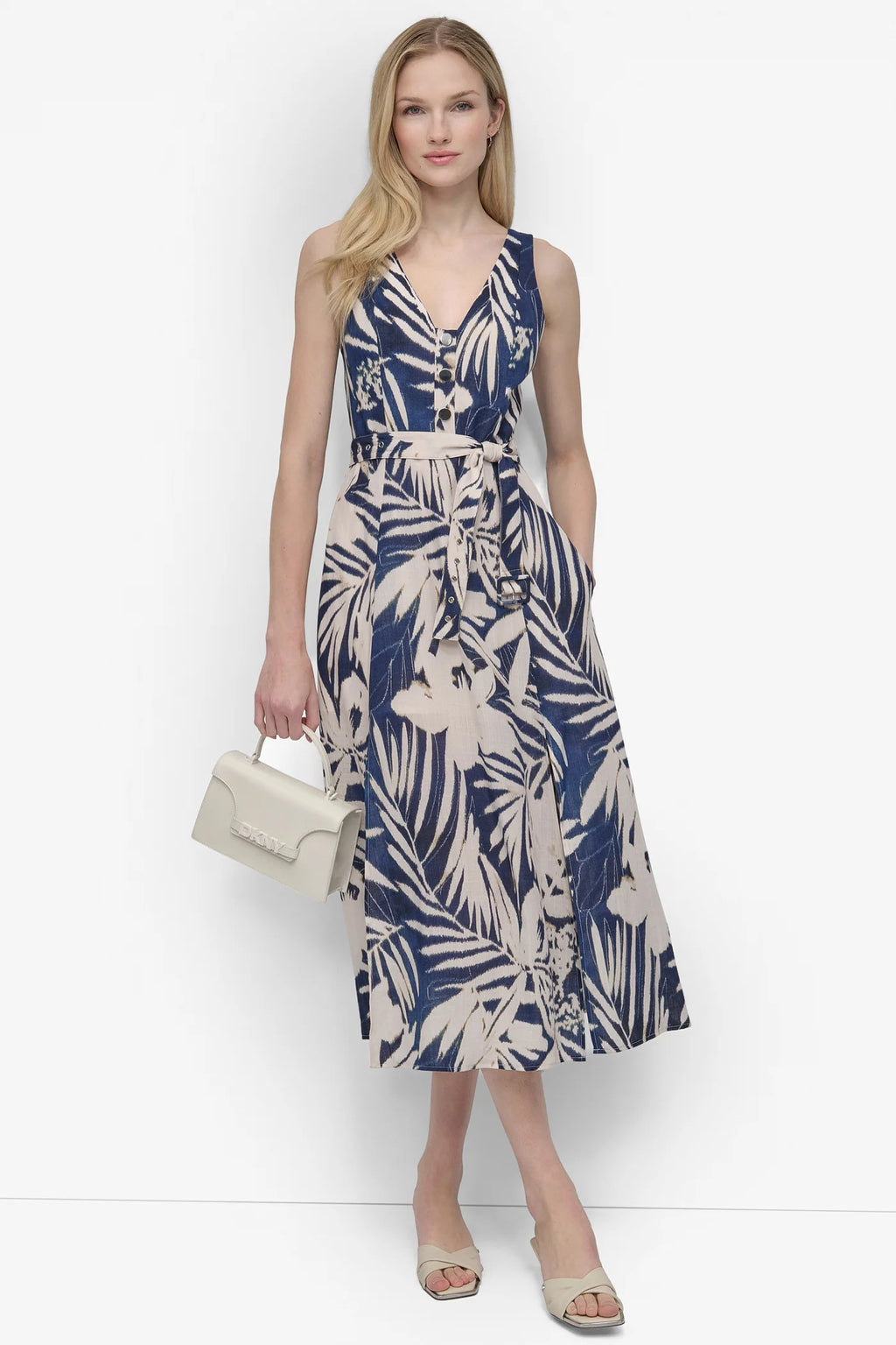 DKNY BELTED FLORAL MIDI DRESS
