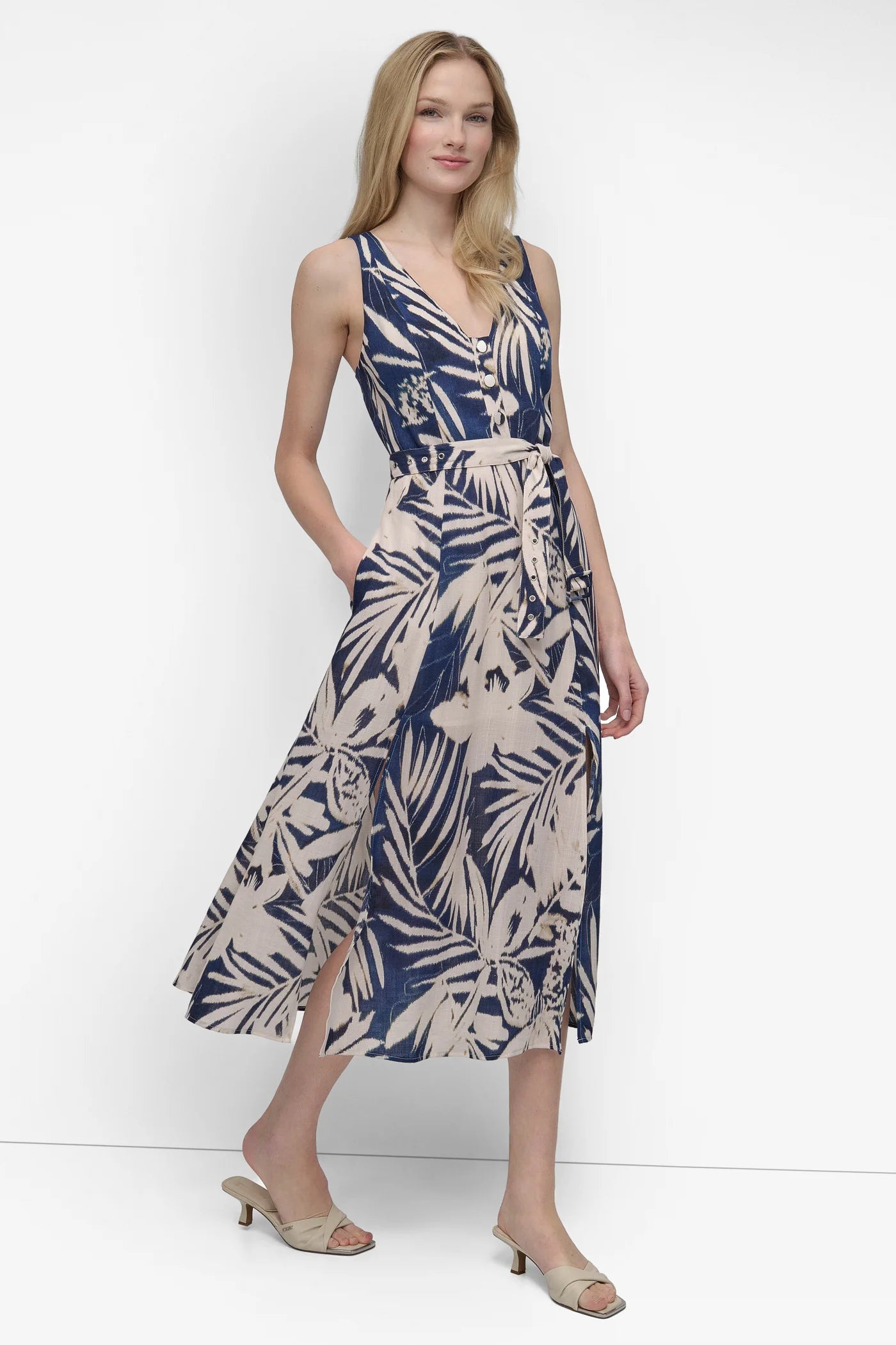 DKNY BELTED FLORAL MIDI DRESS