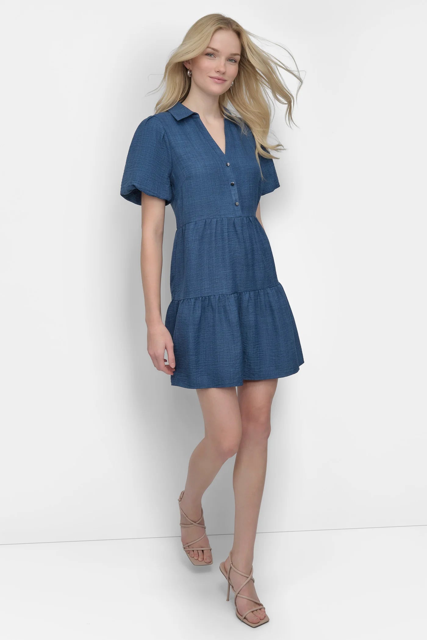 DKNY TIERED A-LINE MINI SHIRT DRESS