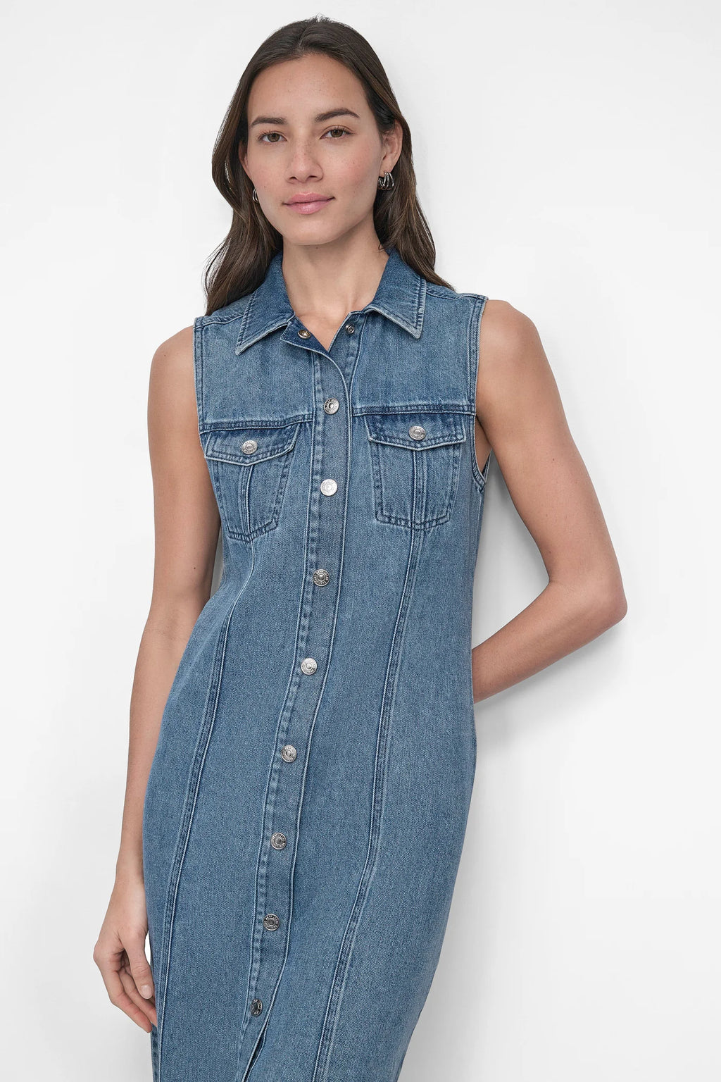 DKNY MAXI SLEEVELESS BUTTON FRONT DRESS
