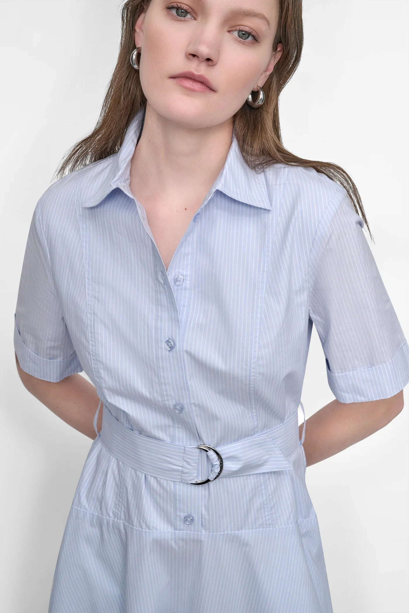 DKNY BELTED PINSTRIPED MIDI SHIRT DRESS