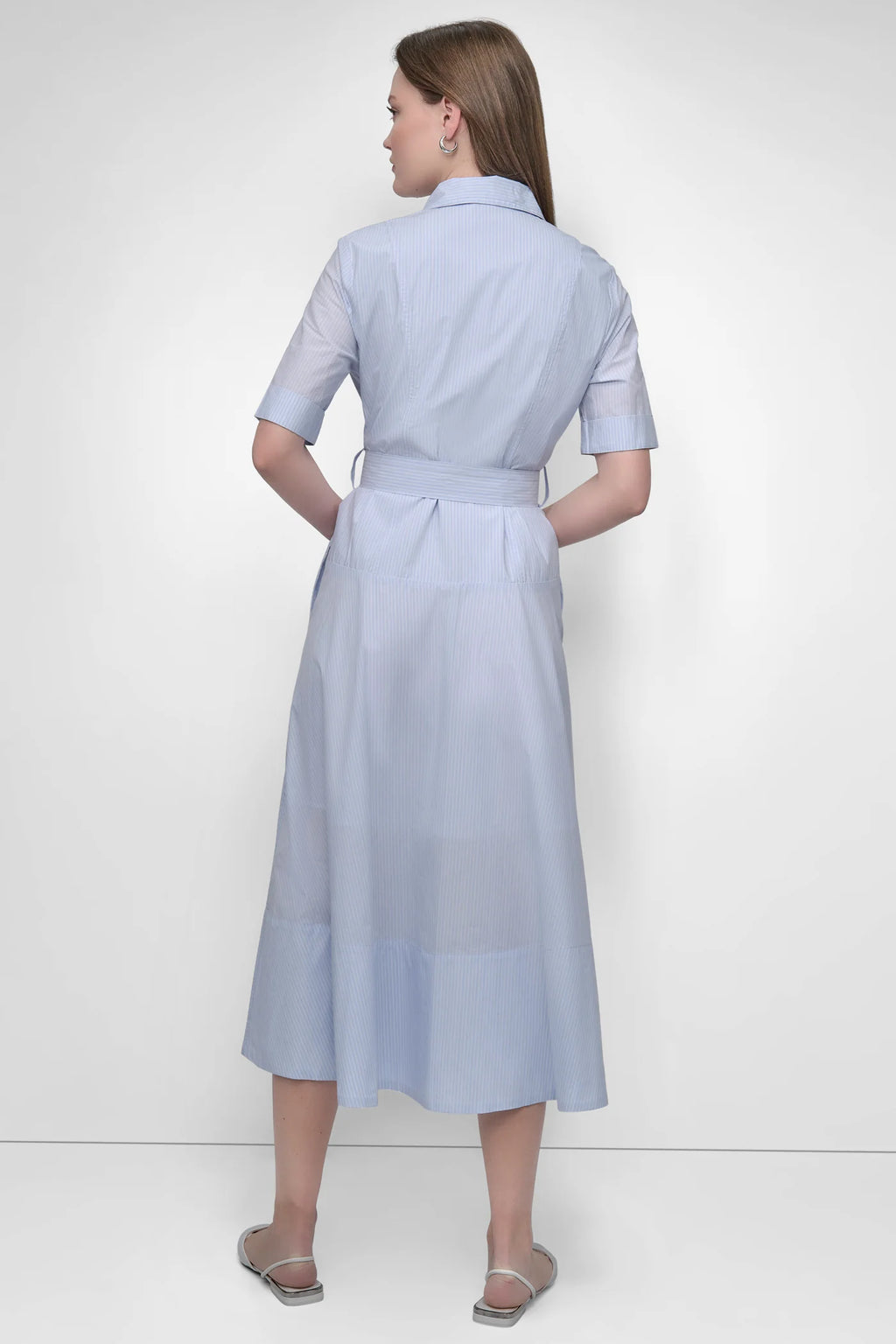 DKNY BELTED PINSTRIPED MIDI SHIRT DRESS