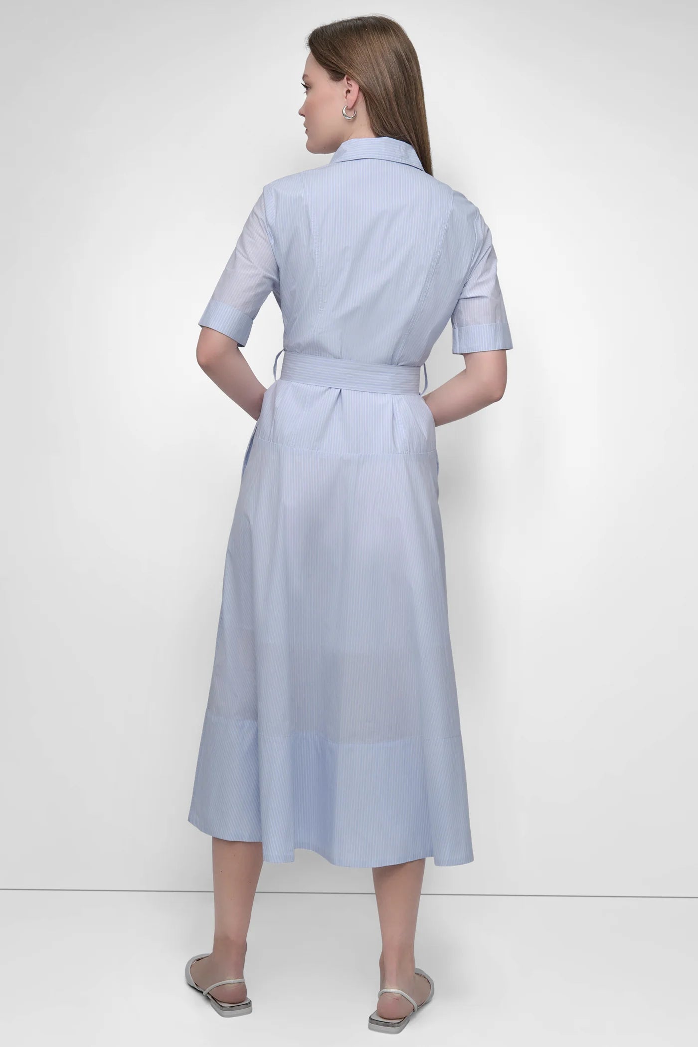 DKNY BELTED PINSTRIPED MIDI SHIRT DRESS