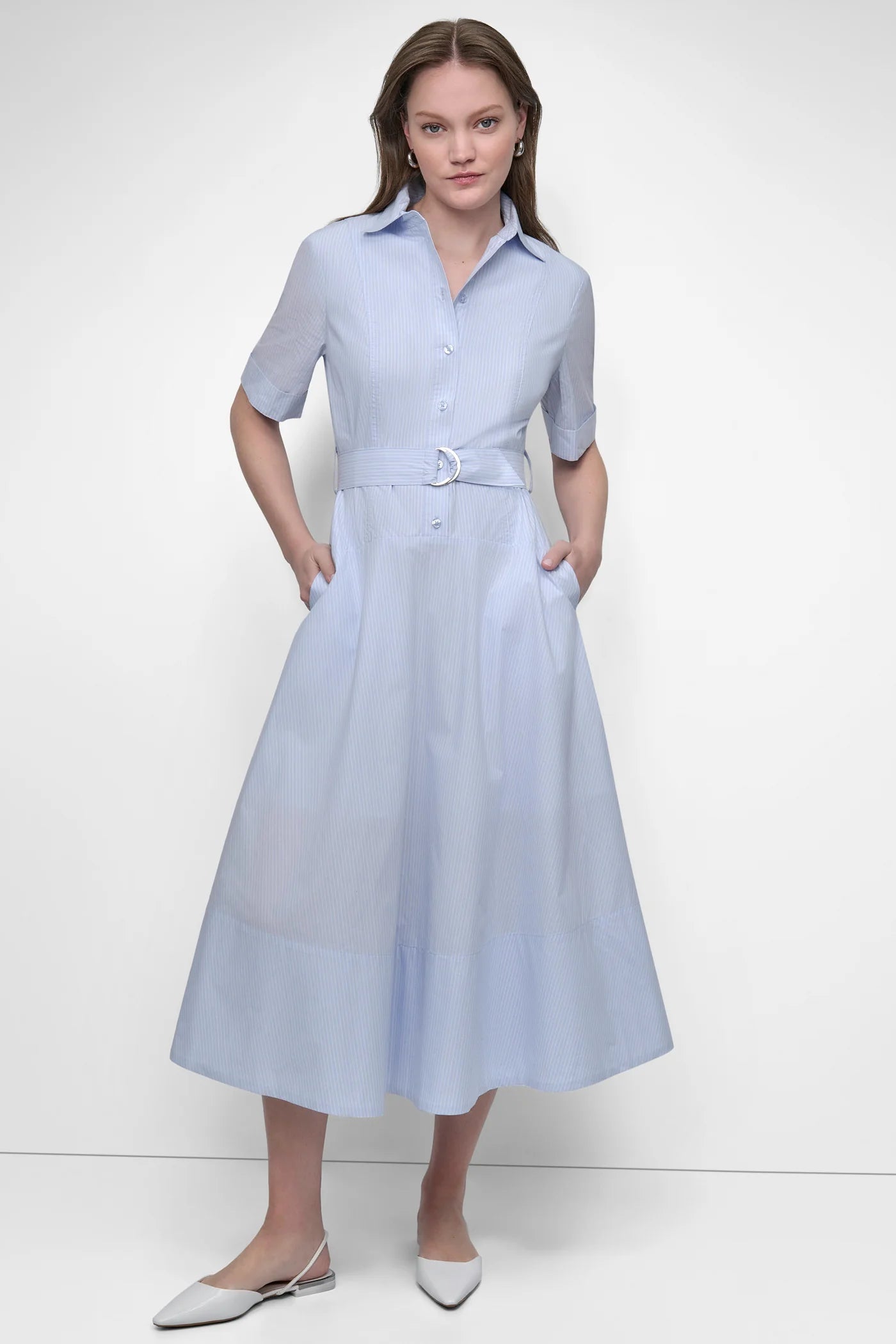 DKNY BELTED PINSTRIPED MIDI SHIRT DRESS