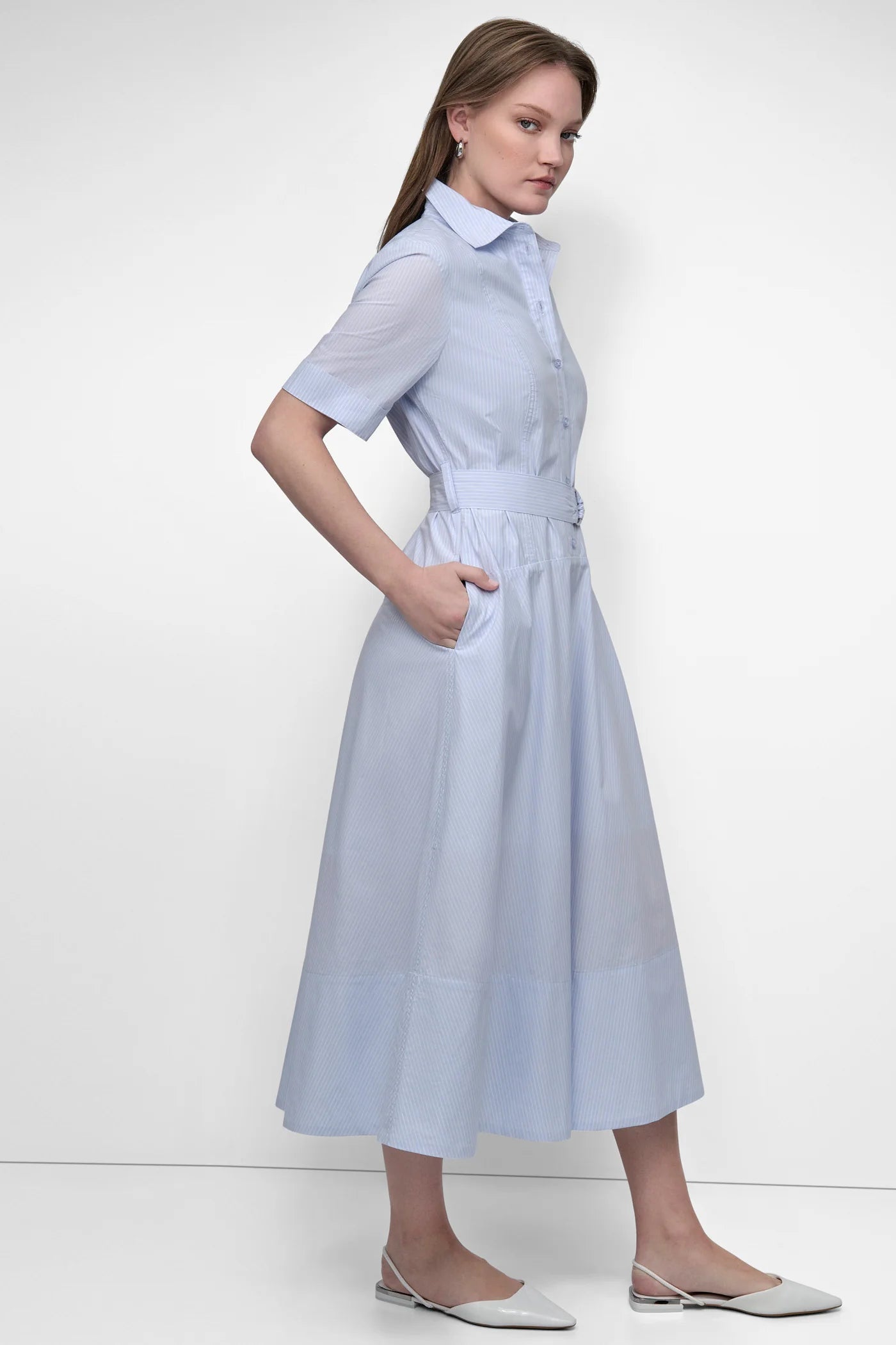 DKNY BELTED PINSTRIPED MIDI SHIRT DRESS