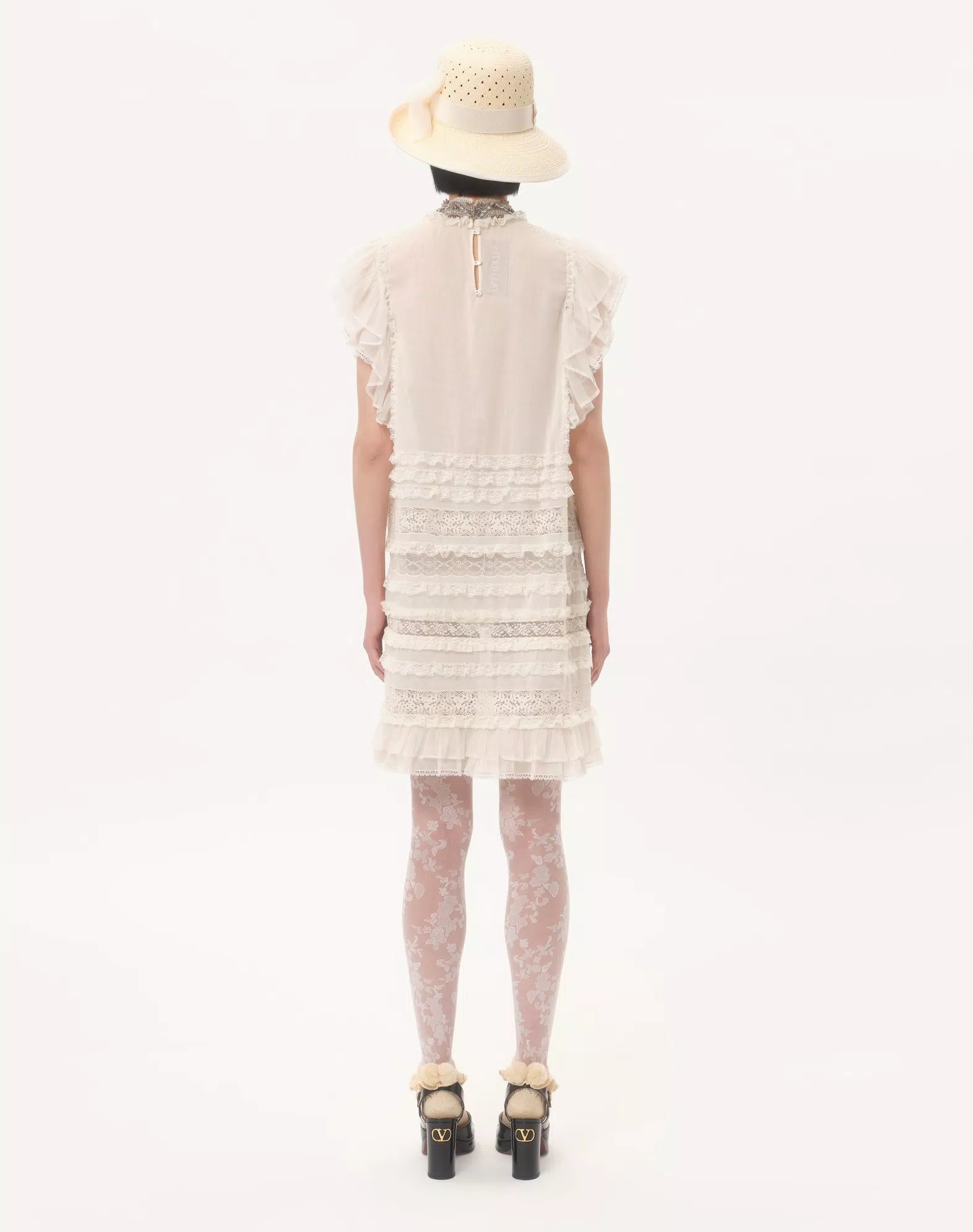 Valentino Short Dress In Embroidered Light Linen