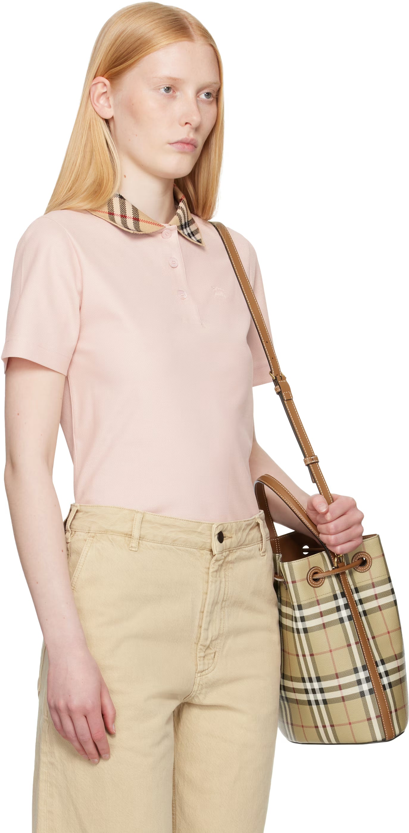 Burberry Pink Check Collar Cotton Polo