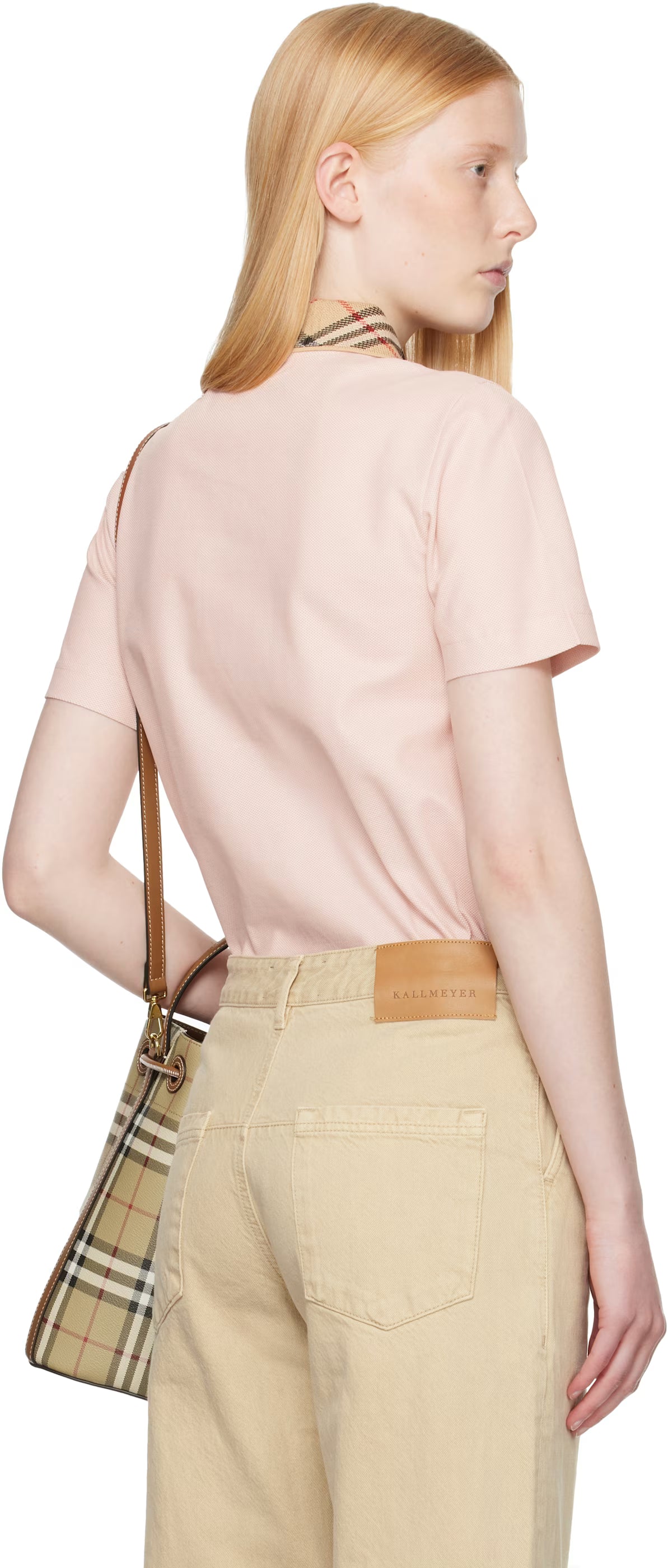 Burberry Pink Check Collar Cotton Polo