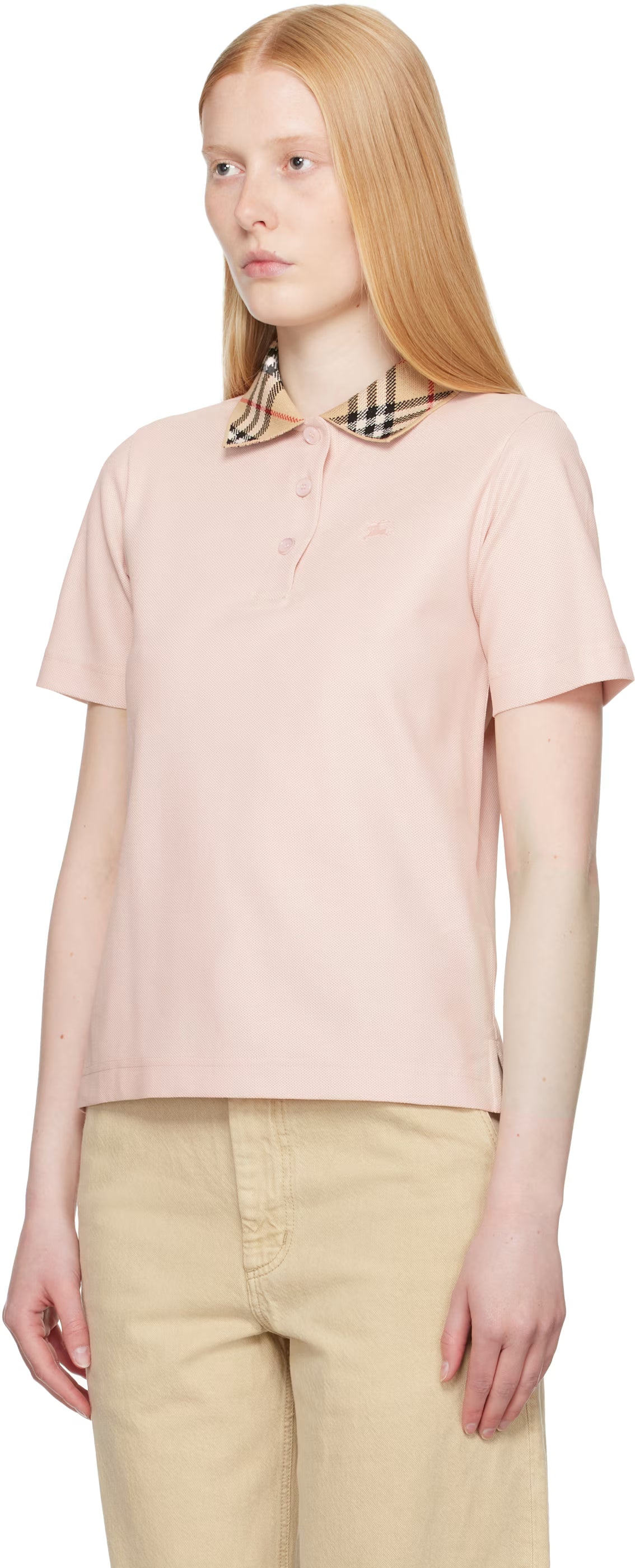 Burberry Pink Check Collar Cotton Polo