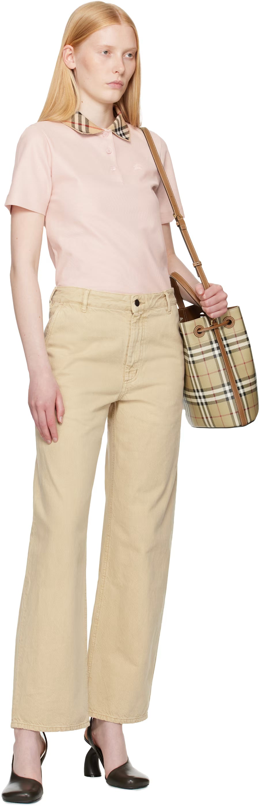 Burberry Pink Check Collar Cotton Polo