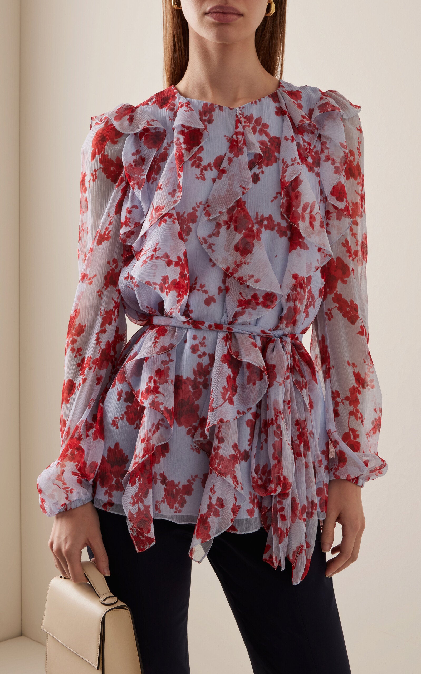 Carolina Herrera Sash-Detailed Ruffled Silk Chiffon Top