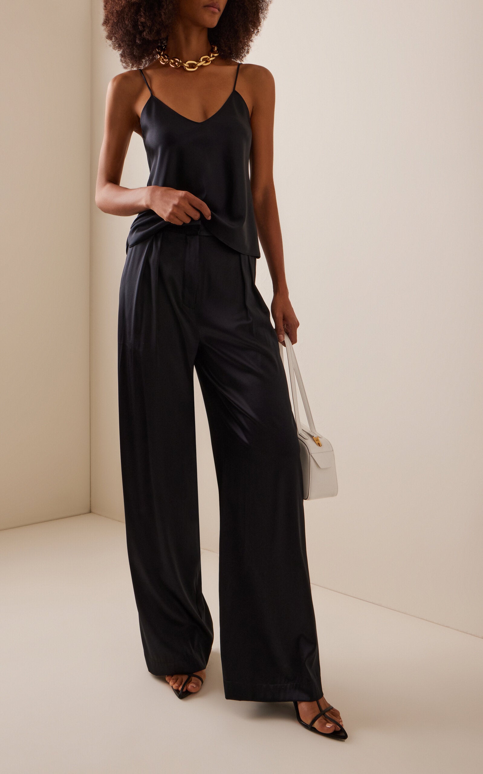 Pantalon large plissé en satin de soie extensible Éterne Josephine