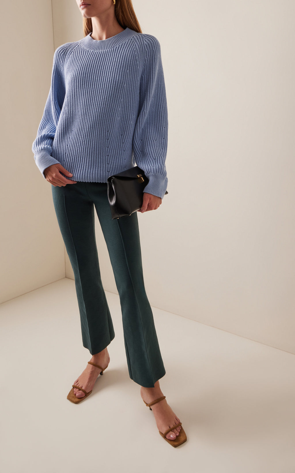 High Sport Kick Stretch-Cotton Knit Cropped Flared Pants