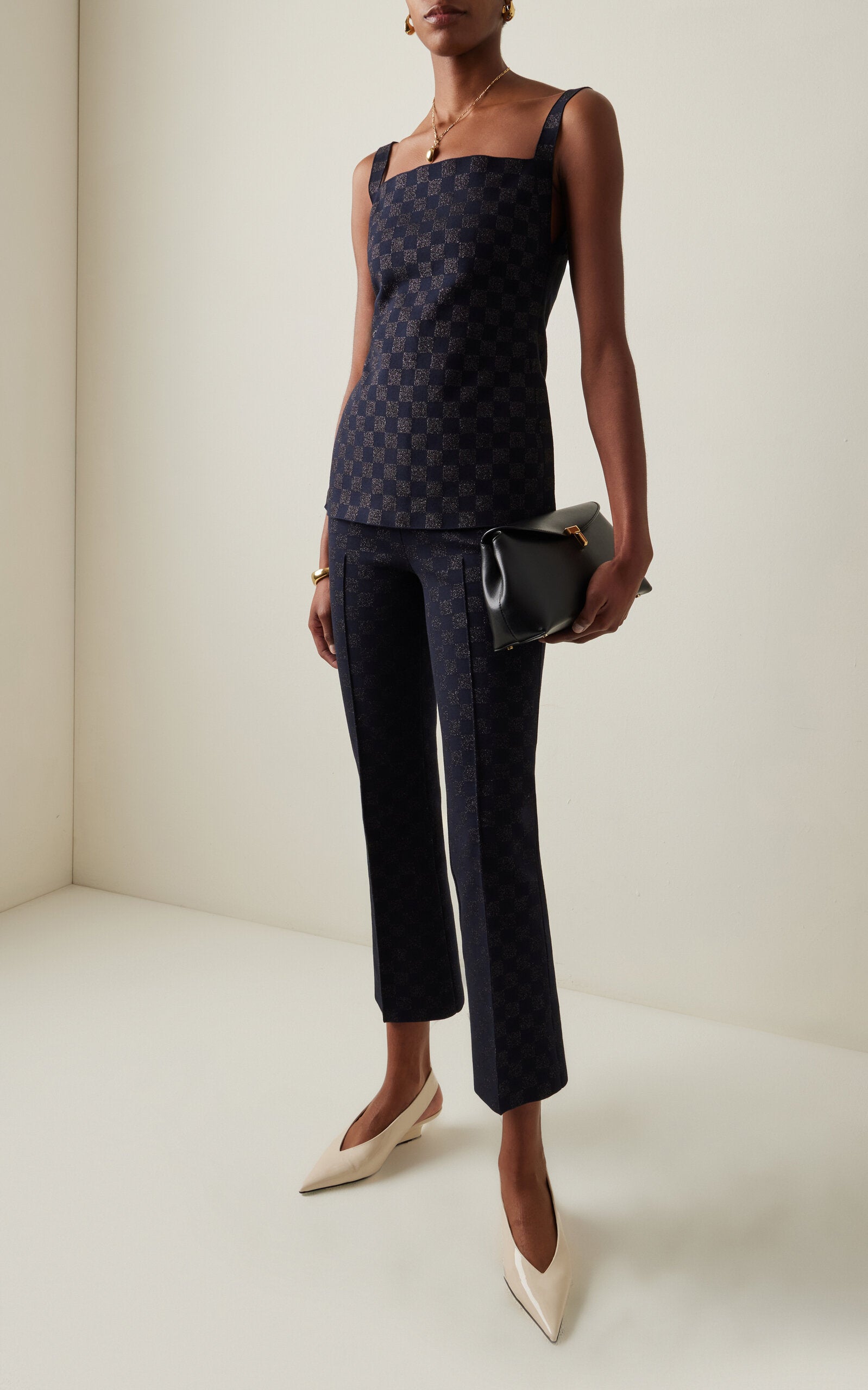 Pantalon évasé court en tricot de coton extensible à carreaux High Sport Exclusive