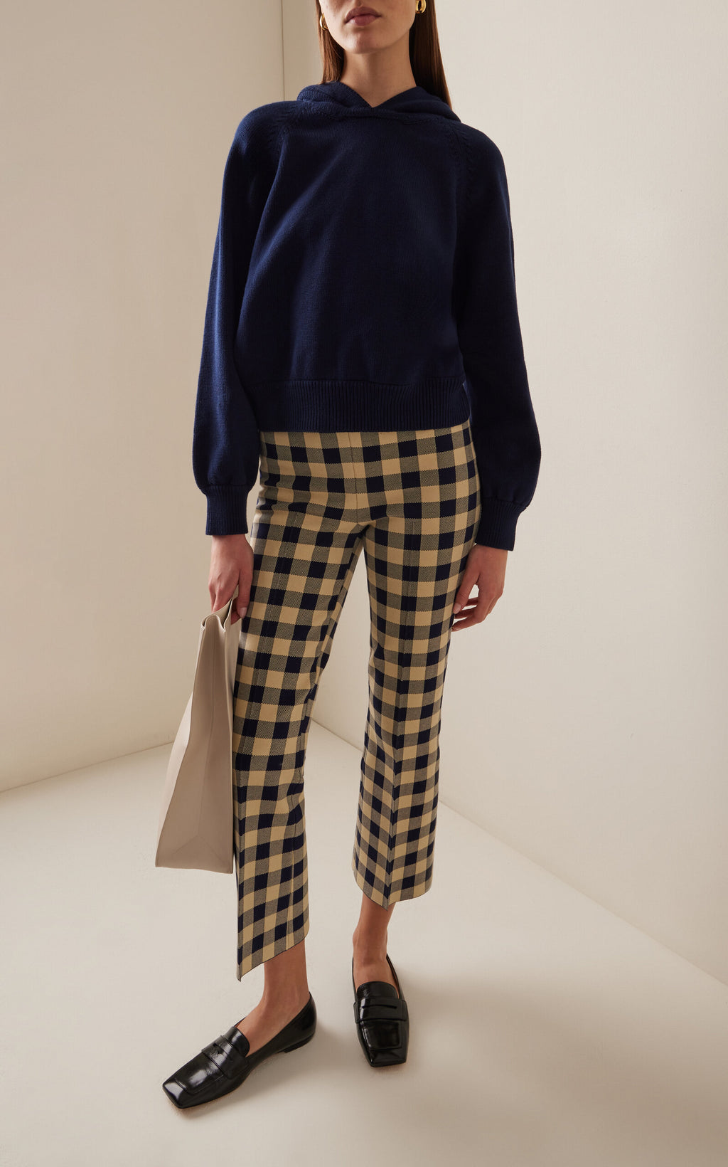 High Sport Kick Gingham Stretch-Cotton Knit Cropped Flared Pants