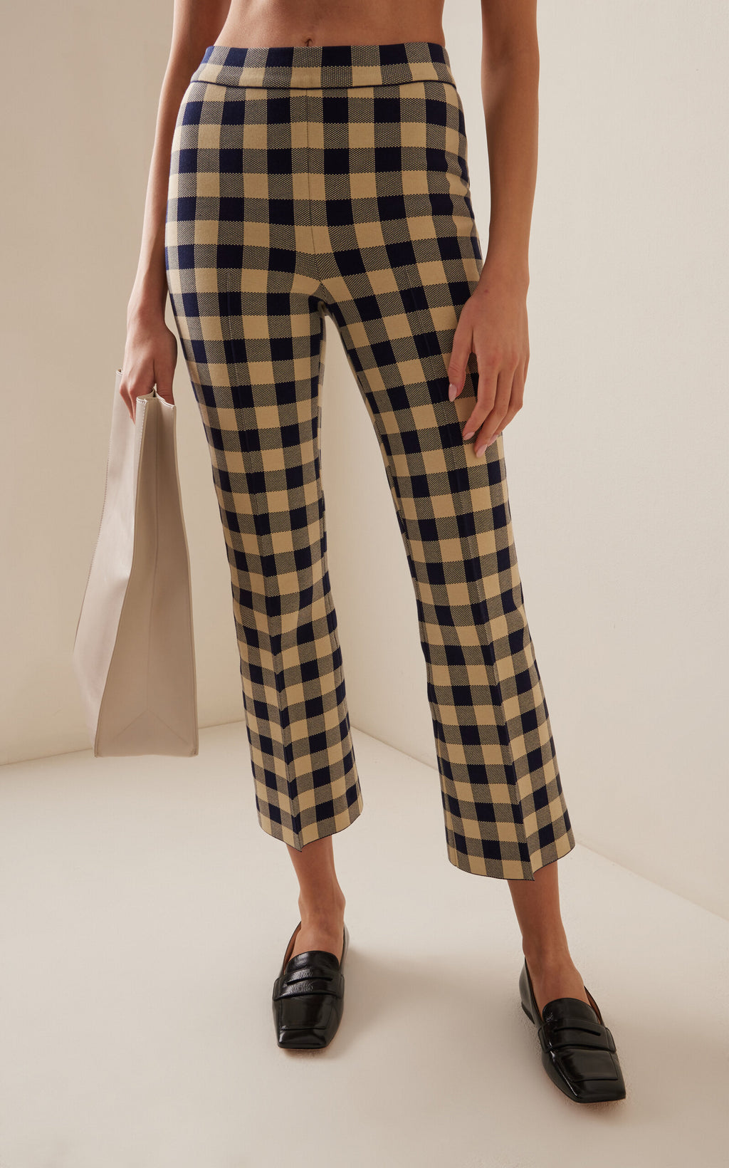 High Sport Kick Gingham Stretch-Cotton Knit Cropped Flared Pants